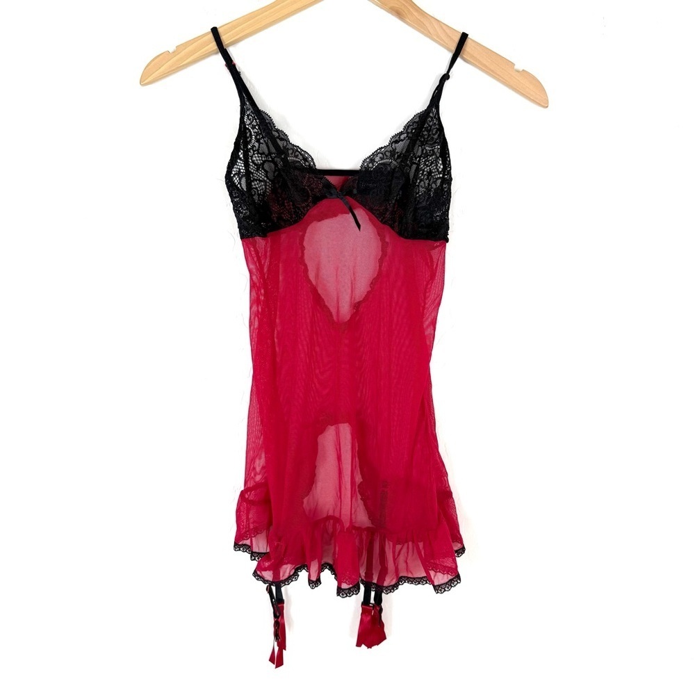 Frederick's of Hollywood Red Lace Babydoll Garter Lingerie Top